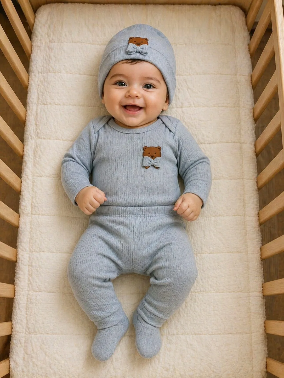 Erkek Bebek 3'lü Takım Ayıcık Detaylı Şapkalı Pamuklu Takım Mavi