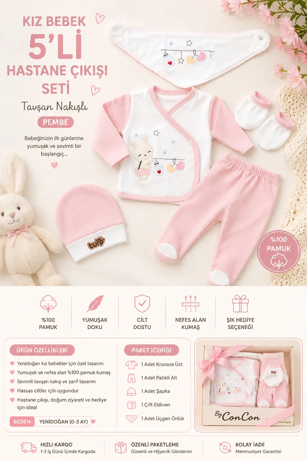 Kız Bebek 5'li Hastane Çıkışı Seti Tavşan Nakışlı Pembe Yenidoğan Takımı